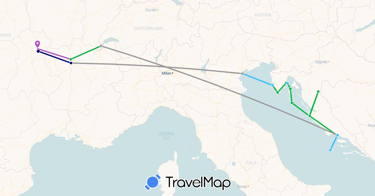 TravelMap itinerary: driving, bus, plane, train, boat in Switzerland, France, Croatia, Italy (Europe)